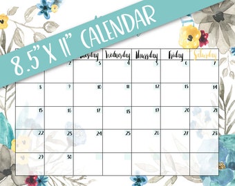 PRINTABLE 8.5"x11" Monthly Calendar, Teal Yellow Grey Watercolor Floral Calendar, Letter-Sized Reusable Calendar, Blank Templates 8.5x11