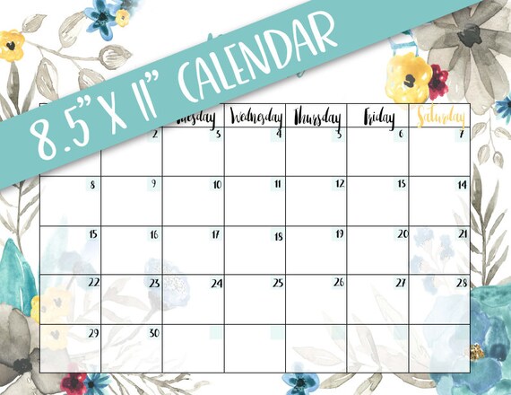 PRINTABLE 8.5x11 Monthly Calendar Teal Yellow | Etsy