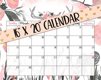 PRINTABLE 16"X20" Calendar, Peach Pink Gray Watercolor Floral, Instant Download, 16x20 Digital Calendar- Watercolor Flowers, Blank Template