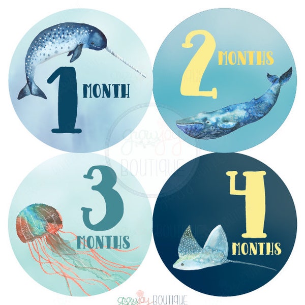 Ocean Creatures, Baby Boy Monthly Stickers, Whale Narwhal Fish Sea Animals, Cute Baby Boy Watercolor Month Milestone Stickers