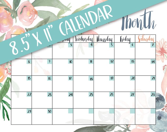 PRINTABLE 8.5x11 Monthly Calendar, Peach Navy Green Foliage, Watercolor ...