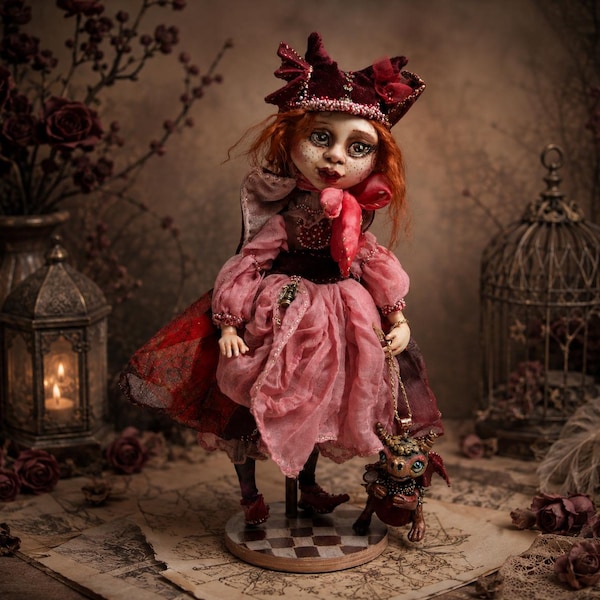 OOAK Fantasy Art Doll with Tiny Dragon, Collectible Sculpture
