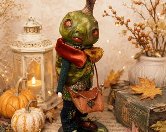 Pumpkin Man Doll, OOAK Halloween Art Doll, Spooky Fall Figurine