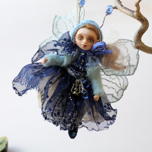 OOAK Dollhouse Fairy, Miniature Fantasy Art Doll, Handmade Blue Pixie Collectible