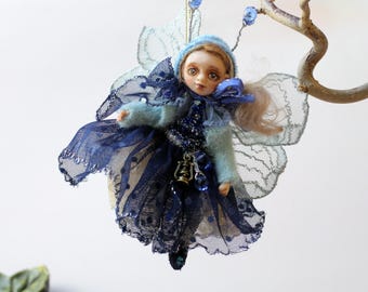 OOAK Dollhouse Fairy, Miniature Fantasy Art Doll, Handmade Blue Pixie Collectible