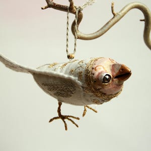 Fabric OOAK art doll bird figurine decor. Linen embroidered sculpture. Nursery home decor.
