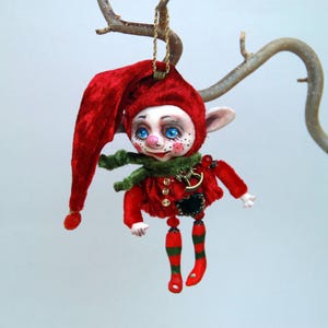 Fantasy Elf Doll Ornament – Handmade Red Green Elf for Christmas Tree – Collectible Clay Figure