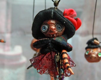 Tiny art doll pumpkin pendant, OOAK figurine