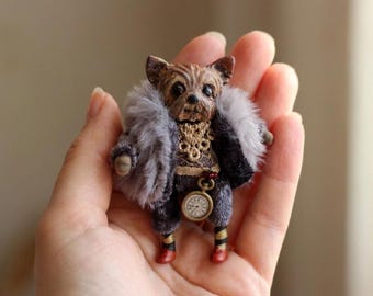 OOAK Dog Art Doll Brooch – Handmade Wearable Art Pin, Whimsical Character Jewelry