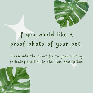 May include: A light green background with white stars and green monstera leaves. Text reads: "If you would like a proof photo of your pot Please add the proof fee to your cart by following the link in the item description."
