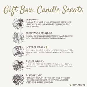 Pu&ograve; includere: Una confezione regalo con descrizioni di profumi per candele. I profumi includono Basilico Agrumato, Eucalipto + Menta, Lavanda Vaniglia, Fiori d'Arancio e Rosmarino Menta. L'immagine include illustrazioni e il testo "Best Seller."