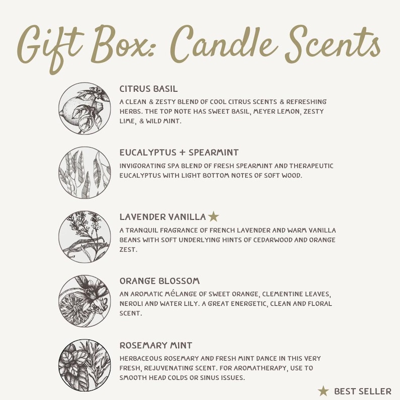 Pu&ograve; includere: Una confezione regalo con descrizioni di profumi per candele. I profumi includono Basilico Agrumato, Eucalipto + Menta, Lavanda Vaniglia, Fiori d'Arancio e Rosmarino Menta. L'immagine include illustrazioni e il testo "Best Seller."