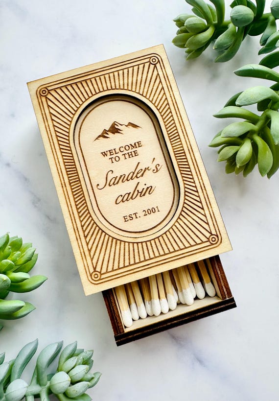 Personalized Cabin Matchbox, Welcome to the Cabin Sign, Custom Family Name Match Holder, Airbnb Host Gift, Mountain Home Decor
