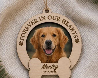 Personalized Dog Memorial Photo Ornament, Pet Loss Christmas Ornament, Custom Dog Remembrance Gift, Forever In Our Hearts Wood Ornament