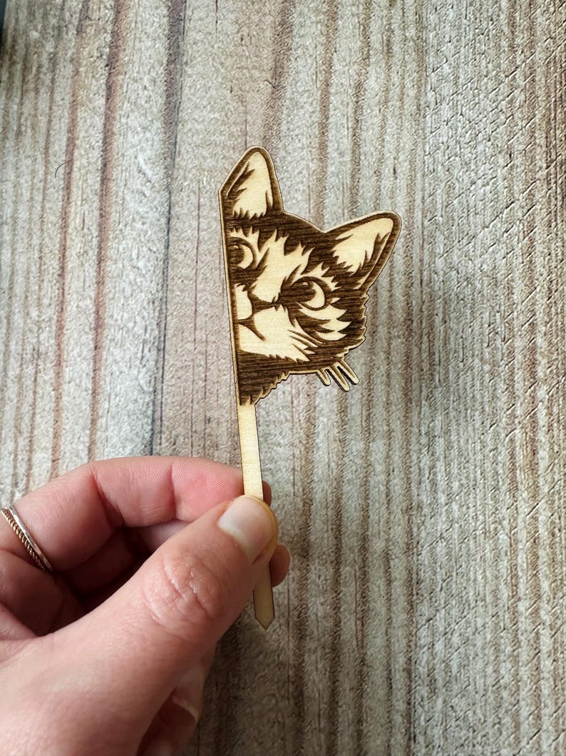 May include: A wooden cutout of a cat's face peeking around a corner. The cat has a playful expression and is made of light brown wood.