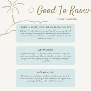 Pu&ograve; includere: Grafica con il testo "Good To Know Before You Buy" in stile scritto a mano. La grafica include informazioni sulla spedizione prioritaria, ordini personalizzati e variazioni del legno. Lo sfondo &egrave; beige chiaro.