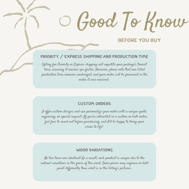 Pu&ograve; includere: Grafica con il testo "Good To Know Before You Buy" in stile scritto a mano. La grafica include informazioni sulla spedizione prioritaria, ordini personalizzati e variazioni del legno. Lo sfondo &egrave; beige chiaro.