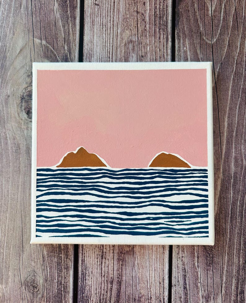 May include: A painting depicting two brown islands in a blue and white striped sea with a pink sky.