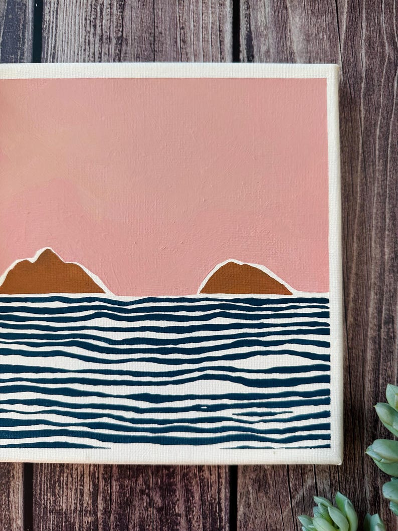 May include: A painting depicting a seascape with two brown islands in the distance and a blue and white striped ocean in the foreground. The sky is a light pink colour.