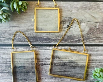 Miniature Frame Ornament, Christmas Picture Frame Ornament, Brass Hanging Frame with Chain, Metal Frames with Glass
