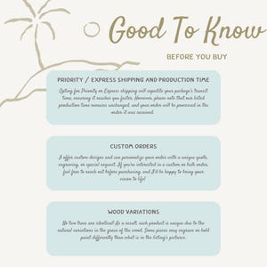 May include: A light blue and white graphic with the text "Good To Know" in brown lettering. The graphic provides information about priority and express shipping, custom orders, and wood variations.