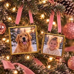 May include: Two square photo frames with thin gold metal borders, each suspended by a soft pink velvet ribbon. The left frame displays a golden retriever in a snowy landscape, while the right frame features a smiling child in a cream sweater.