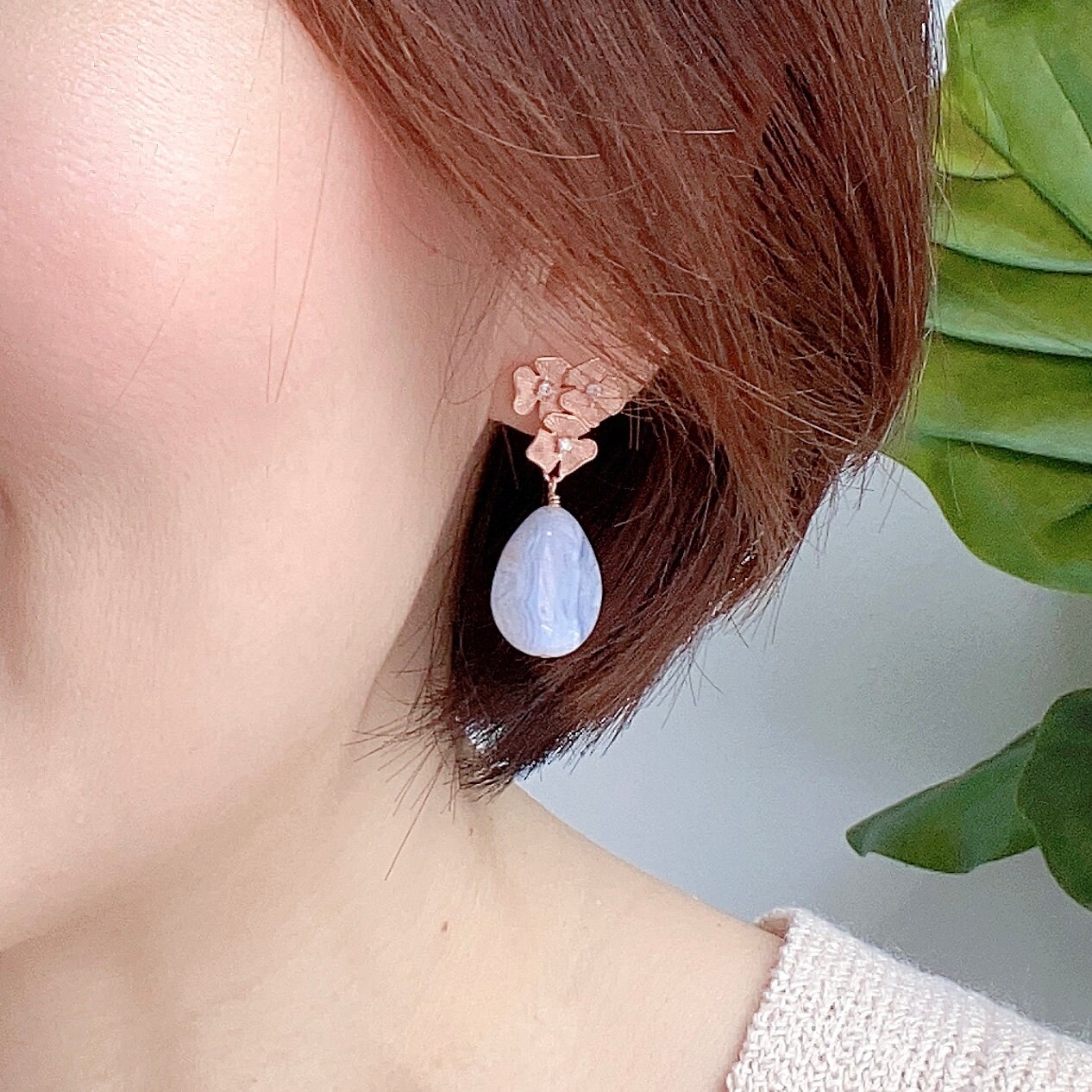 Triple Flower Ear Studs With Teardrop Blue Lace Agate - Etsy