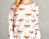 Super Soft White and Orange Fox All Over Print Fleece Lined Sweatshirt