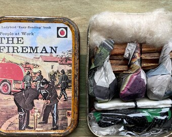 Retro Ladybird Fireman Book Label, Re-Purposed Tobacco Tin Campfire Kit.