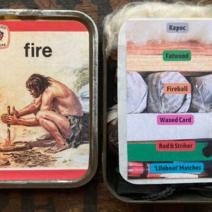 1970’s Children's Ladybird Book Fire, Retro Book label Campfire Kit. Vintage Tin Summer Caveman Gift. Kindling, Tinder, Matches and Striker.