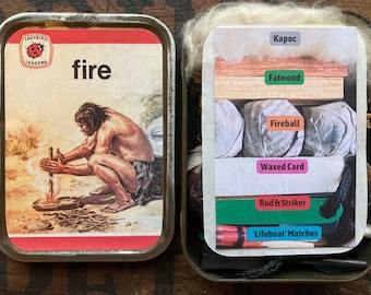 1970’s Children's Ladybird Book Fire, Retro Book label Campfire Kit. Vintage Tin Summer Caveman Gift. Kindling, Tinder, Matches and Striker.