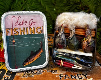 Vintage Tobacco Tin Handmade Campfire Kit with Fishing Book Label. Kitsch Summer Camping, Scout Gift.