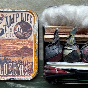 Vintage Camping, Campfire Kit tin. Retro Book Label Design, the Great Outdoors.