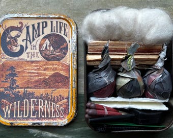 Vintage Camping, Campfire Kit tin. Retro Book Label Design, the Great Outdoors.