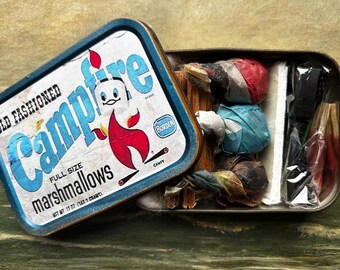 Retro Style Marshmallow Brand Label, Re-purposed Tin Campfire Kit. Warm toes & Toasty Treats.