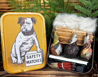 Retro 1920 Style Old Bulldog Matchbox Label, Vintage Tin Fire Kit. Canine Campfires for Old Dogs & Young Pups. Tinder, Kindling, SPARK