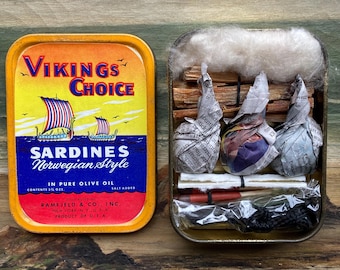 Vintage Sardine Label, Tobacco Tin Campfire Kit. The Viking's Choice.