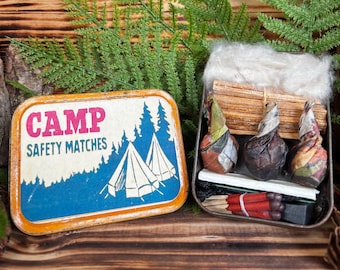 Vintage Tin, Camp Safety Matches, Campfire Kit. Retro Design, the Great Outdoors. Summer Adventures, with Sausages.