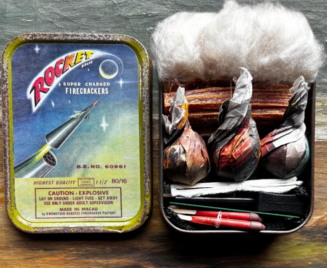 Vintage Tin Campfire Kit, With Space Rocket Retro Firework Label. Blast ...