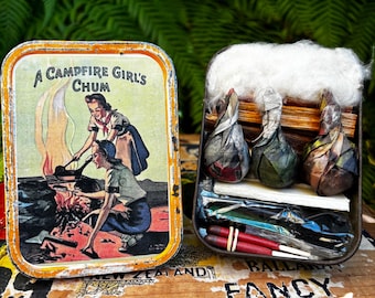 Retro Book Campfire Chums Fire Starter Kit, Vintage Tobacco Tin. Birthday Gift Idea and Kitsch camping