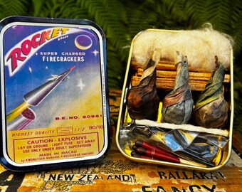 Vintage Tin Campfire Kit, with Space Rocket Retro Firework Label. Blast Off to BBQs.