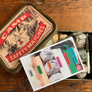 Retro Finland Camp Brand Matches Matchbox Label, Vintage Tin Campfire Lighting Kit. Strike up a Light and a Campfire Conversation.