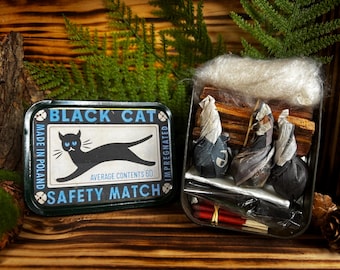 Vintage Tin Camping Fire Kit, with Cool Retro Black Cat Match Label. Celebrate your furry friend, with a fab feline fire. Good Luck Gift.