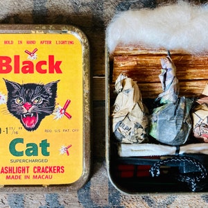 Vintage Tin Campfire Kit, with Cool Black Cat Firework Bonfire Repro 50's Label. Celebrate your furry friend or Leo Star Sign Lover.