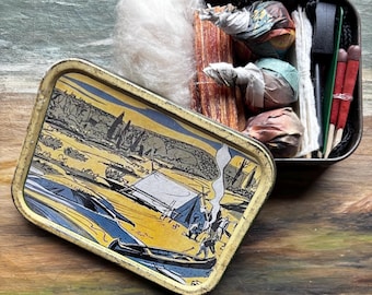 1960s Tobacco Tin, Fire and BBQ Starter.  Vintage Camping and Hiking. Cool Dad gift.