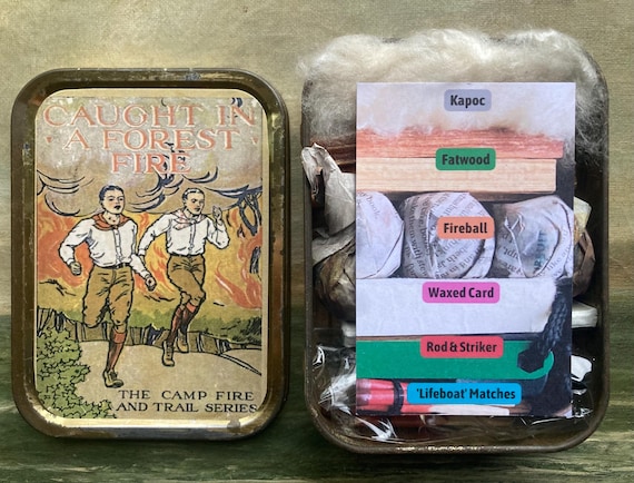 Vintage Fire Lighting Kit: 1960s Tobacco Tin With Retro Boy Scout Label