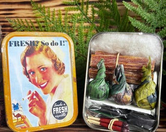 Vintage tin Campfire Kit, for a smoking (hot?) Nurse. Retro Health Cigarette Advertising. NHS Camping Gift. Tinder Kindling, Matches & Spark