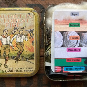 Retro 1930’s Style Boy Scout Camping Campfire Trail book cover label, Vintage Tin Fire Lighting Kit. Get caught in a Forest Fire. What fun!