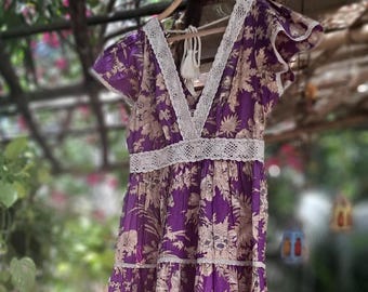 Floral Print Boho Maxi Dress, Crochet Lace Trim, Indian Cotton