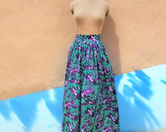 Green Cotton Maxi Skirt: Hopping Bunnies Print, Pockets